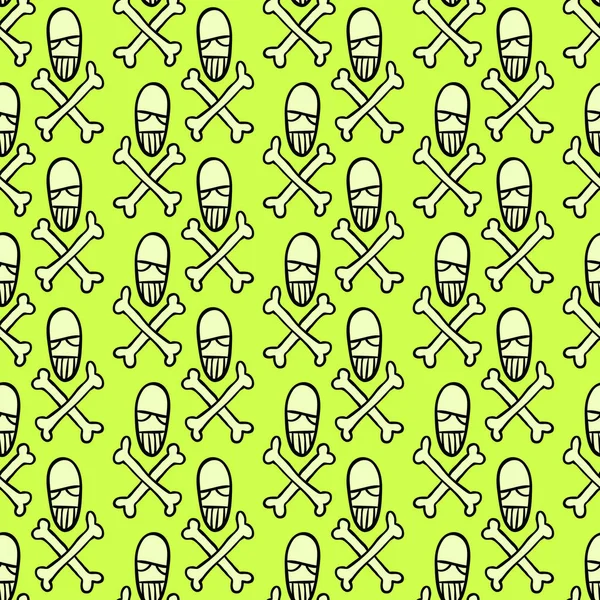 Vektör cadılar bayramı kafatası ve kemikleri kusursuz desen. Parti posteri için tasarım arka planı. El çizimi karikatür çizimi asit yeşili üzerinde izole.