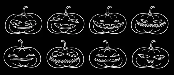 Zestaw Dyń Halloween Kolorze Białym Izolowane Nad Czarnym Ilustracja Wektora — Wektor stockowy
