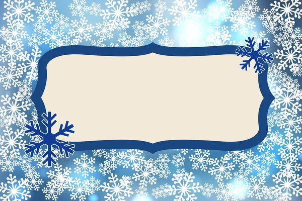 圣诞雪花的复古空白框矢量插图 问候语卡片冬季亮蓝色背景与复制空间 新年快乐 横向格式 — 图库矢量图片