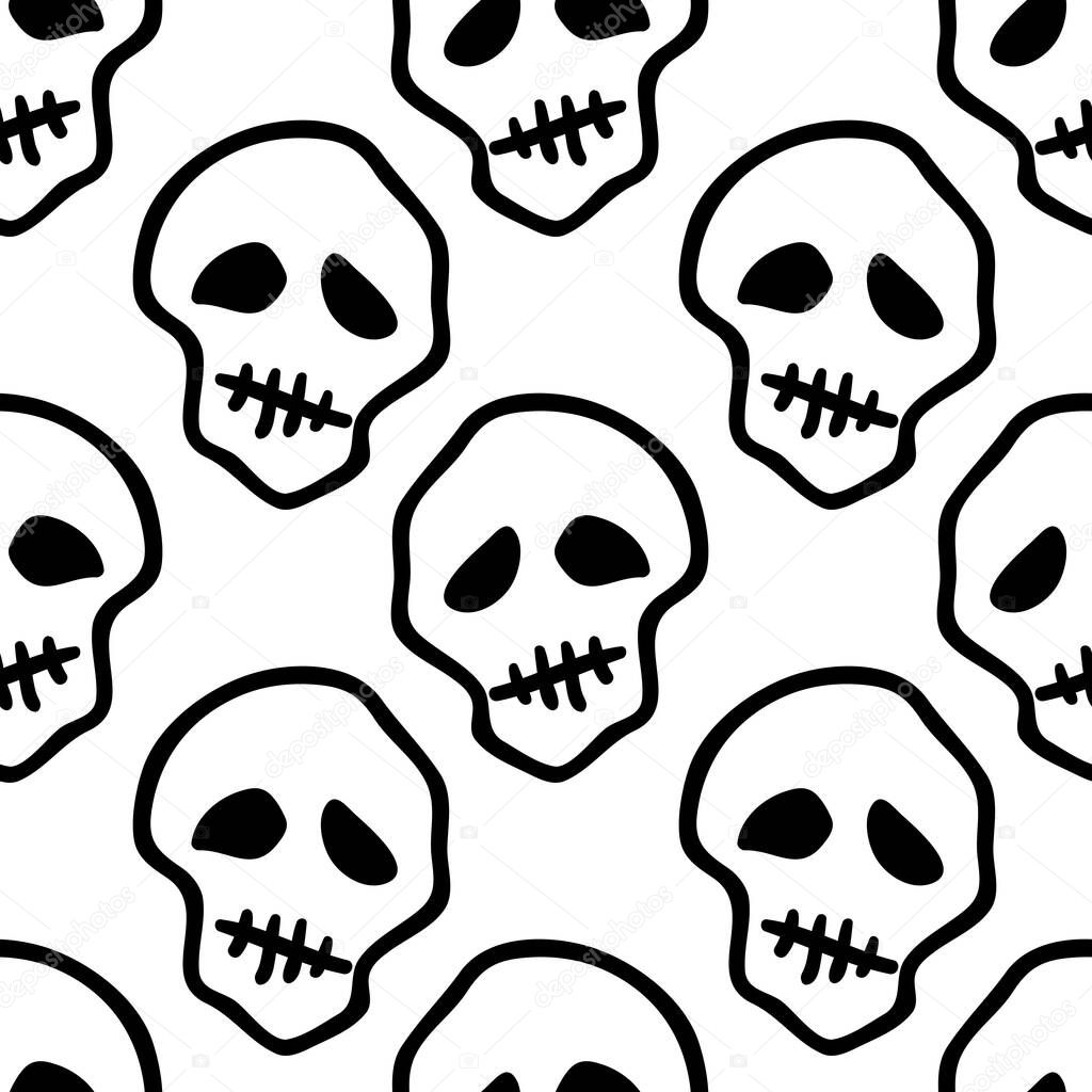Vector Halloween skulls seamless pattern in black and white. Design background for party poster. Hand drawn cartoon illustration.