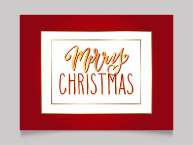 Kırmızı çerçevede el yazısıyla selamlama, altın ve beyaz harflerle yazılmış modern şenlik el yazısı. Tatil sezonu tasarım vektör çizimi.