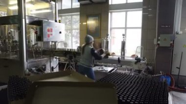 Sennoy, Rusya Federasyonu 15 Şubat 2018: şişeleme ve konveyör hattı Şarap Fabrikası'nda mühürleme