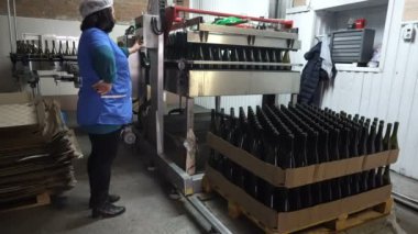 Sennoy, Rusya Federasyonu 14 Şubat 2018: biberon daha fazla şarap şişeleme için konveyör için