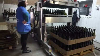 Sennoy, Rusya Federasyonu 14 Şubat 2018: biberon daha fazla şarap şişeleme için konveyör için