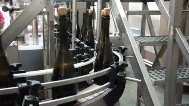 Doldurma ve mühürleme şampanya bir fabrikada konveyör için satır