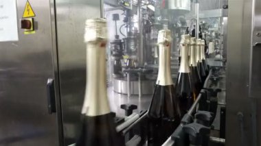 Sennoy, Rusya Federasyonu 15 Şubat 2018: doldurma ve mühürleme şampanya bir fabrikada konveyör için satır