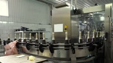 Sennoy, Rusya Federasyonu 15 Şubat 2018: doldurma ve mühürleme şampanya bir fabrikada konveyör için satır