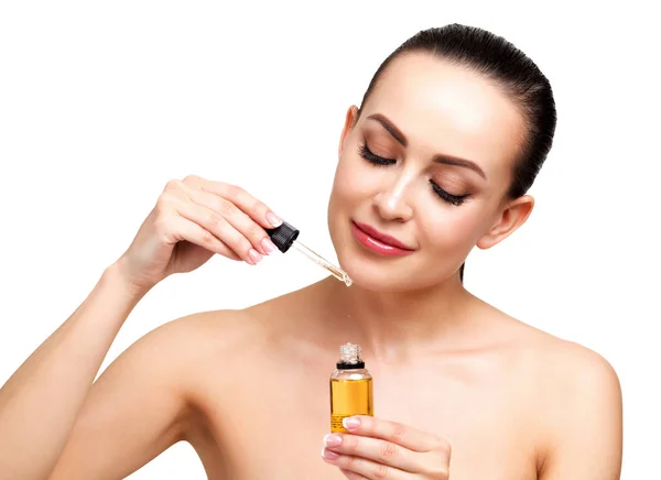 Closeup Shot Cosmetic Oil Applying Young Woman Face Pipette Beauty — Stock Photo, Image