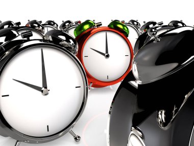 Diğerlerinden ayakta. Renkli alarmclock gri alarmclocks arasında. 3D render