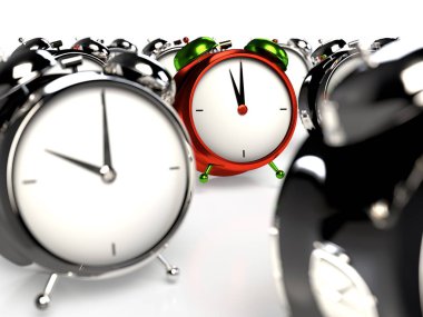Diğerlerinden ayakta. Renkli alarmclock gri alarmclocks arasında. 3D render