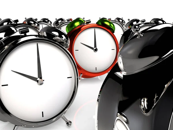 Diğerlerinden ayakta. Renkli alarmclock gri alarmclocks arasında. 3D render