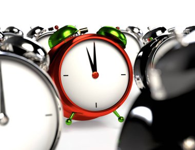 Diğerlerinden ayakta. Renkli alarmclock gri alarmclocks arasında. 3D render