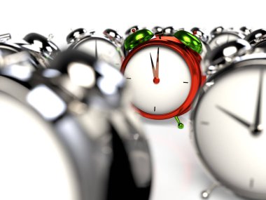 Diğerlerinden ayakta. Renkli alarmclock gri alarmclocks arasında. 3D render