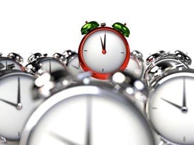 Diğerlerinden ayakta. Renkli alarmclock gri alarmclocks arasında. 3D render