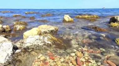 Deniz ya da okyanus kıyısı mavi gökyüzünün altında. Çok temiz su