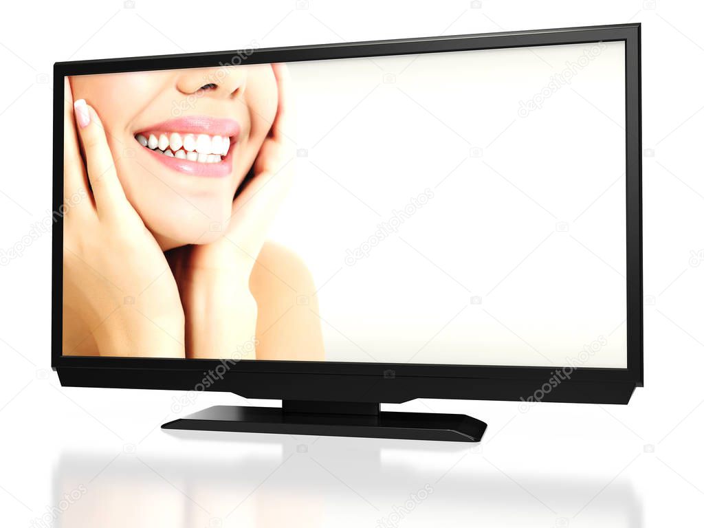 Cheerful female smile on an abstract LED tv screen, white background
