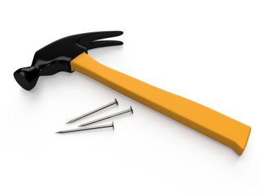 Çekiç ve çivi izole beyaz zemin üzerinde. 3D render