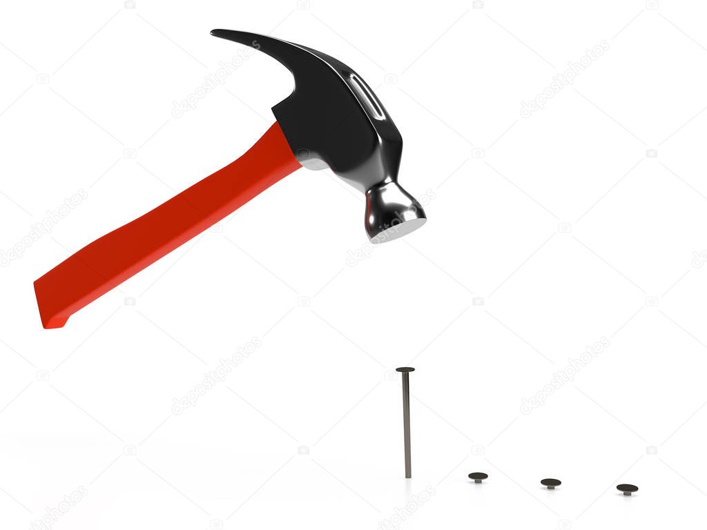 Hammer and nails on white background, isolated. 3D rendering