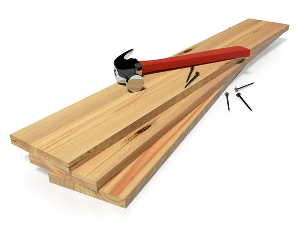 ハンマー、木製の板と分離、白い背景の上の爪. — ストック写真