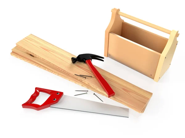 Hammer Hacksäge Werkzeugkiste Holzbohlen Und Nägel Auf Weißem Hintergrund Isoliert — Stockfoto