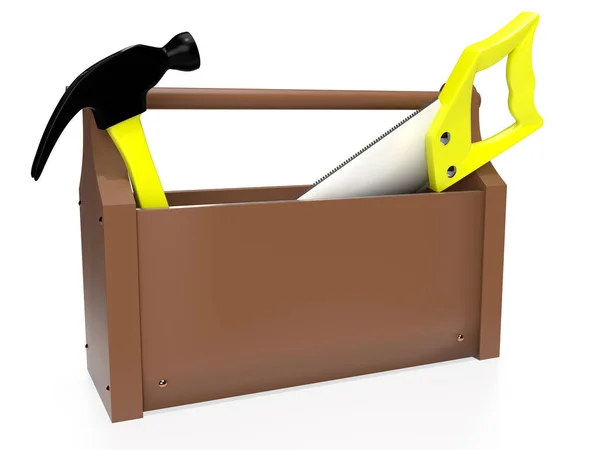 Werkzeugkiste Mit Hammer Und Handsäge Isoliert Auf Weißem Hintergrund Darstellung — Stockfoto