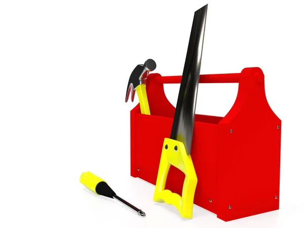 Werkzeugkiste Mit Hammer Schraubenzieher Und Handsäge Isoliert Auf Weißem Hintergrund — Stockfoto