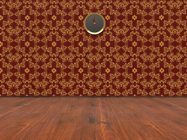 Wall with a clock and vintage wallpapers. 3D rendering