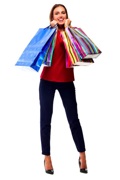 ショッピングバッグのきれいな女性 白地に隔離された — ストック写真