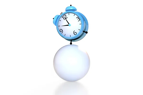 Reloj despertador balanceándose sobre un orbe blanco. Renderizado 3D — Foto de Stock