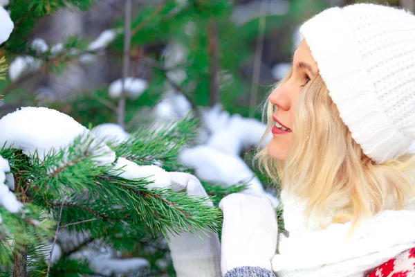 Jolie Femme Dans Une Forêt Hiver Concept Vacances Hiver — Photo