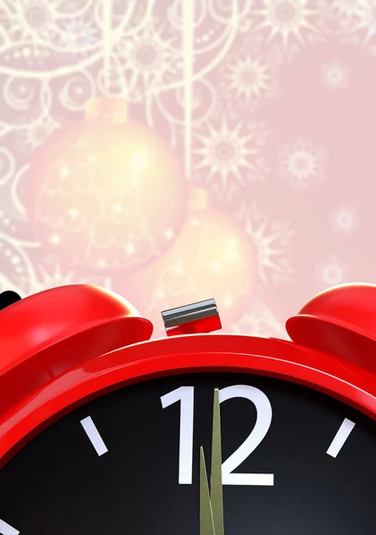 Christmas Background Alarm Clock Glowing Shining Balls New Year Decorations — Stock Photo, Image