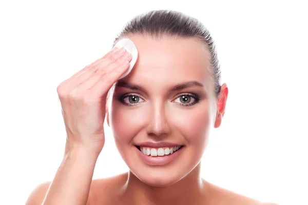 Pretty Girl Smiling You Skin Care Concept Woman Using Cotton — Stock Photo, Image