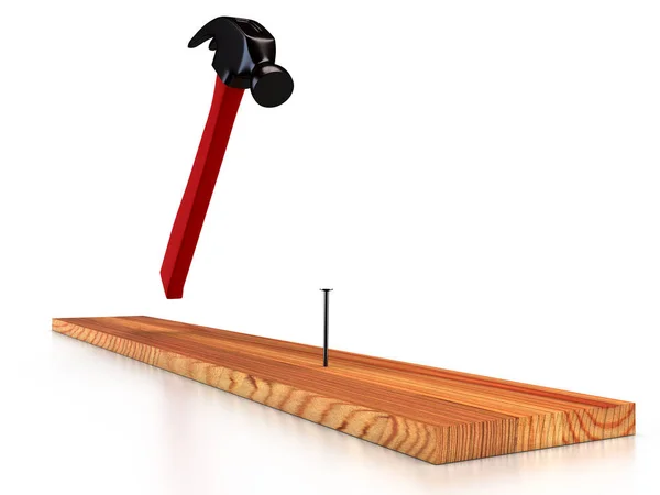 Hamer Spijker Houten Plank Witte Achtergrond Geïsoleerd Rendering — Stockfoto