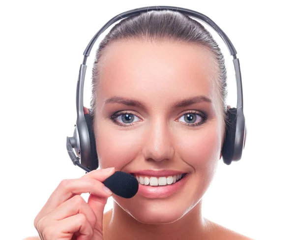 Closeup shot portrait of young pretty woman with headset isolated on white background Stock Image