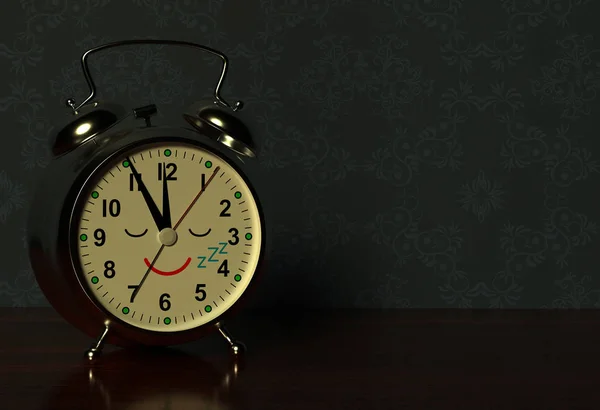 Funny alarm clock sleeps on a table in dark bedroom. 3D rendering — Stock Photo, Image