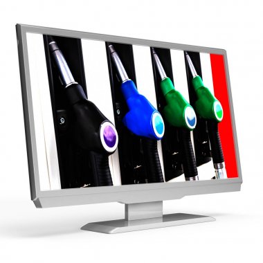 Beyaz arka planda izole edilmiş, ekran üzerinde yakıt dispenserleri bulunan PC monitörü veya TV. 3B işleme