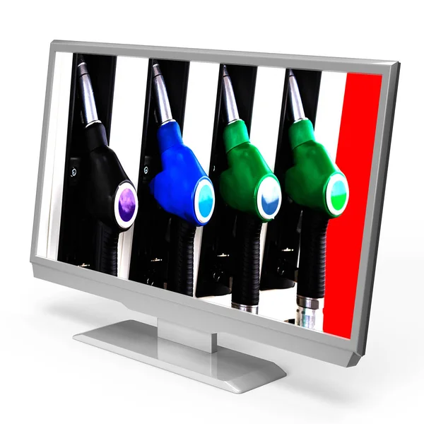 Beyaz arka planda izole edilmiş, ekran üzerinde yakıt dispenserleri bulunan PC monitörü veya TV. 3B işleme