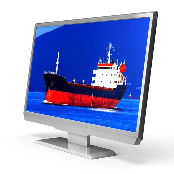 PC-monitor of TV met zee of Oceaan tanker op de screeen, geïsoleerd op witte achtergrond. 3D-rendering — Stockfoto