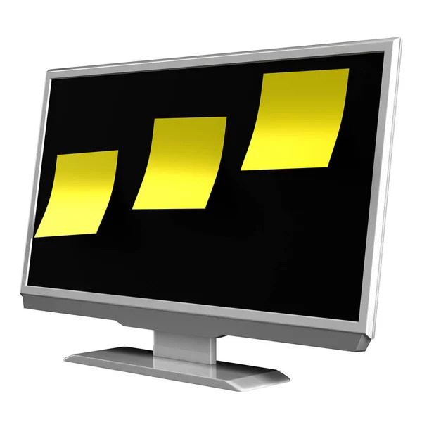 Fernseher oder PC-Monitor mit großen gelben Haftnotizen auf dem Bildschirm, isoliert auf weißem Hintergrund. 3D-Darstellung — Stockfoto