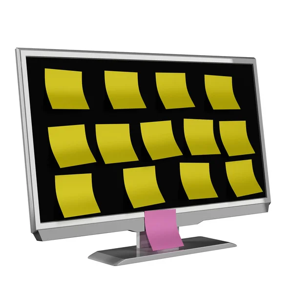 TV or PC monitor with yellow sticky notes on the screen, isolated on white background. 3D rendering — Stock Photo, Image