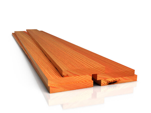 Stack of wooden boards on white floor, isolated. 3D rendering