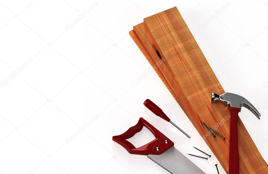 Do it yourself tools and wooden boards on a white background with a place for your information. 3D rendering
