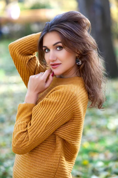 Mooie vrouw in een trui poserend in een herfstpark of een bos — Stockfoto