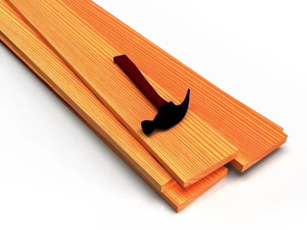 Marteau avec poignée en bois. Outil de menuisier sur des planches en bois . — Photo