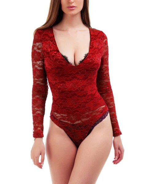 Mulher Sexy Vestindo Lingerie Vermelha Isolada Fundo Branco — Fotografia de Stock