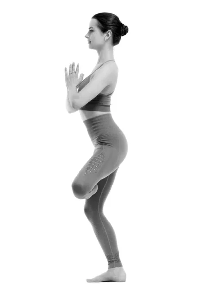 Donna Fitness Che Esercizio Yoga Isolato Sfondo Bianco — Foto Stock
