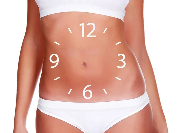 Corpo Mulher Magro Com Uma Cara Relógio Barriga Fundo Branco — Fotografia de Stock