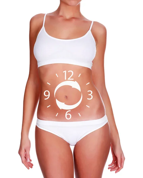 Slim Corpo Donna Con Una Faccia Orologio Sulla Pancia Sfondo — Foto Stock