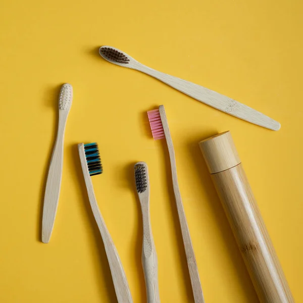 Set Bamboo Toothbrushes Background — Stock Photo, Image