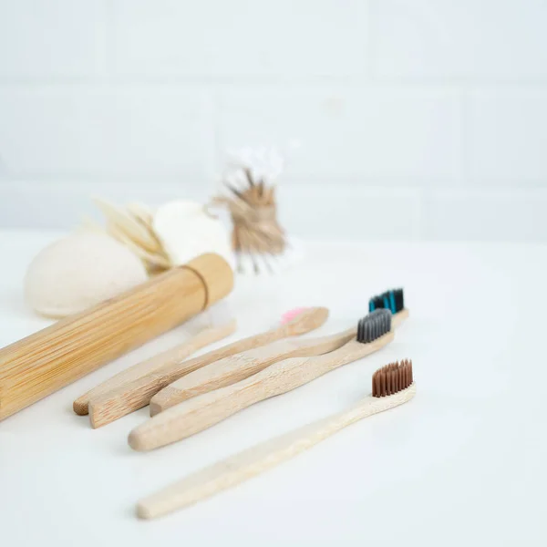 Set Bamboo Toothbrushes Background — Stock Photo, Image